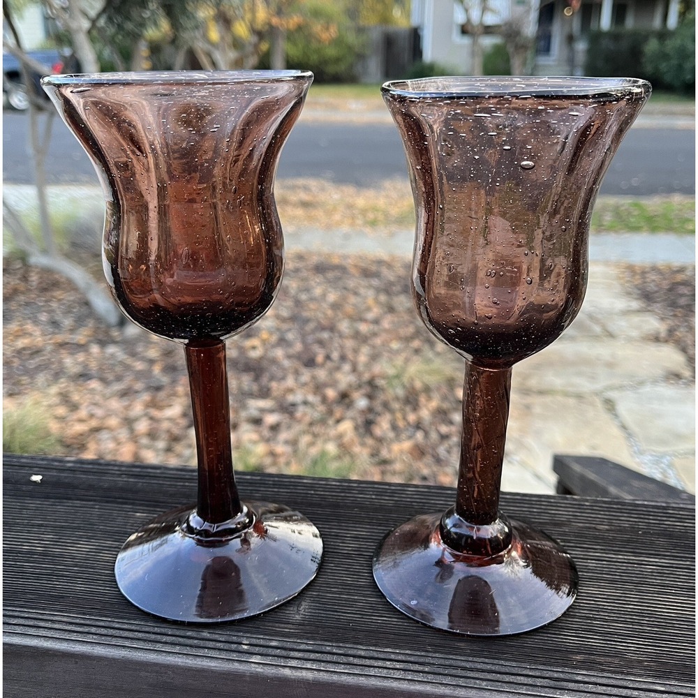 Vintage Brown Hand Blown Fancy Glass Goblets, Set of 2 , 8" tall